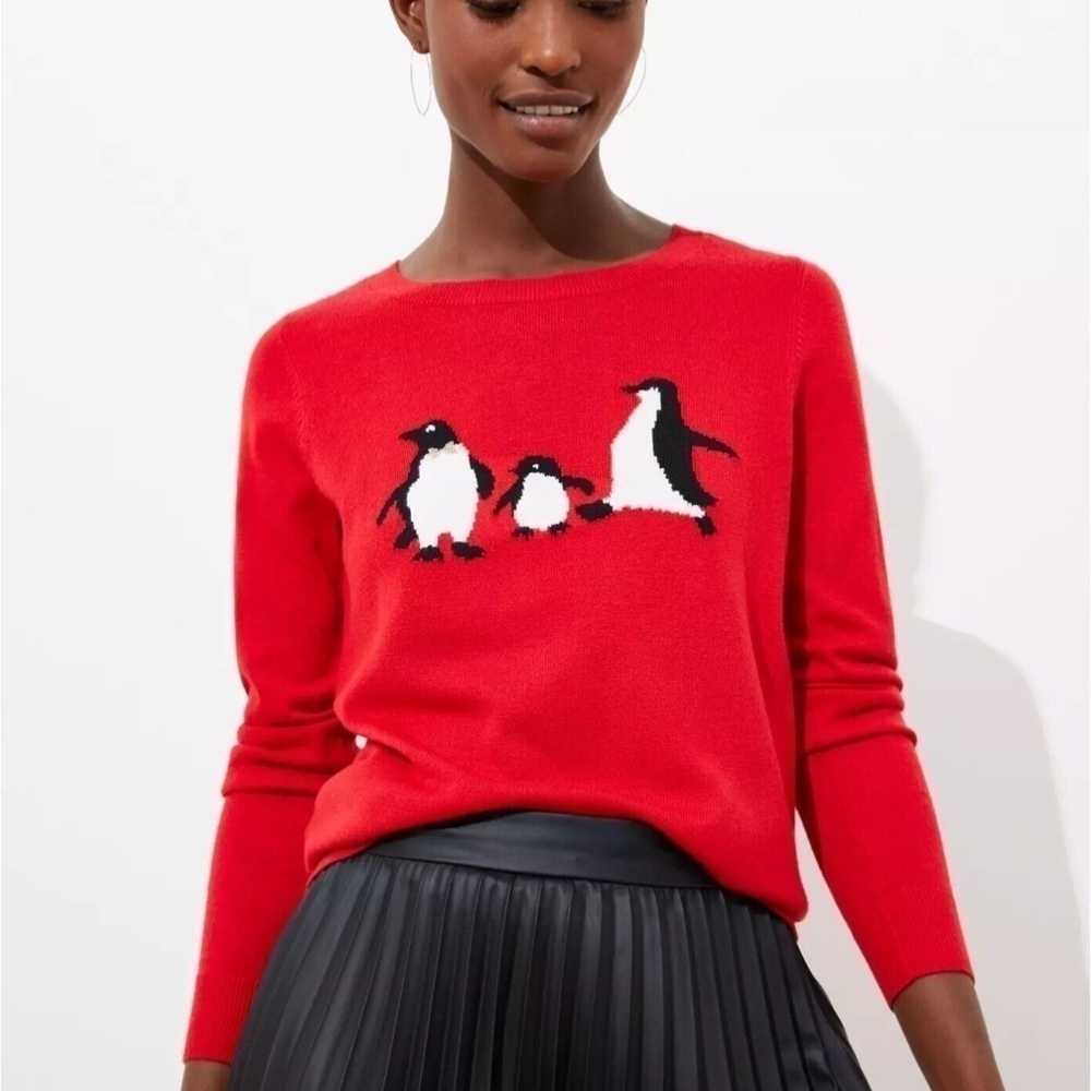 LOFT Red Penguin Luxe Knit Long Sleeve Holiday Pullover Sweater (XS)
